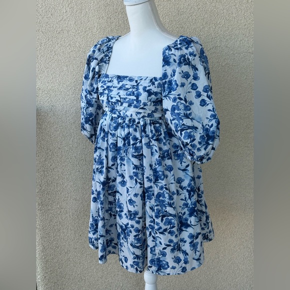 Abercrombie & Fitch Emerson Blue White Floral Puff Sleeve Mini Dress Babydoll S - Picture 14 of 14
